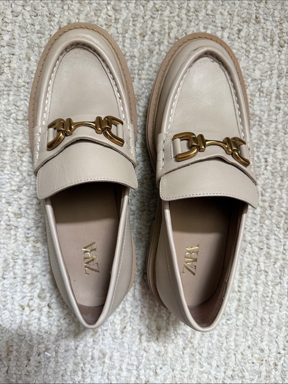 ZARA Beige Leather Loafers with Gold Horsebit